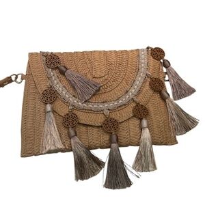 Boho Basket Woven Clutch Wristlet with Tassel